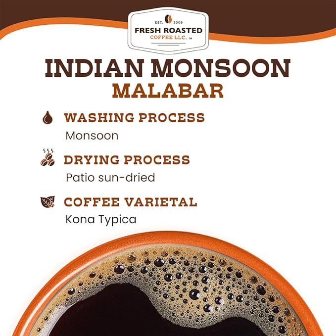 Fresh Roasted Coffee, Indian Monsoon Malabar, 5 lb (80 oz), Light Roast, Kosher, Whole Bean