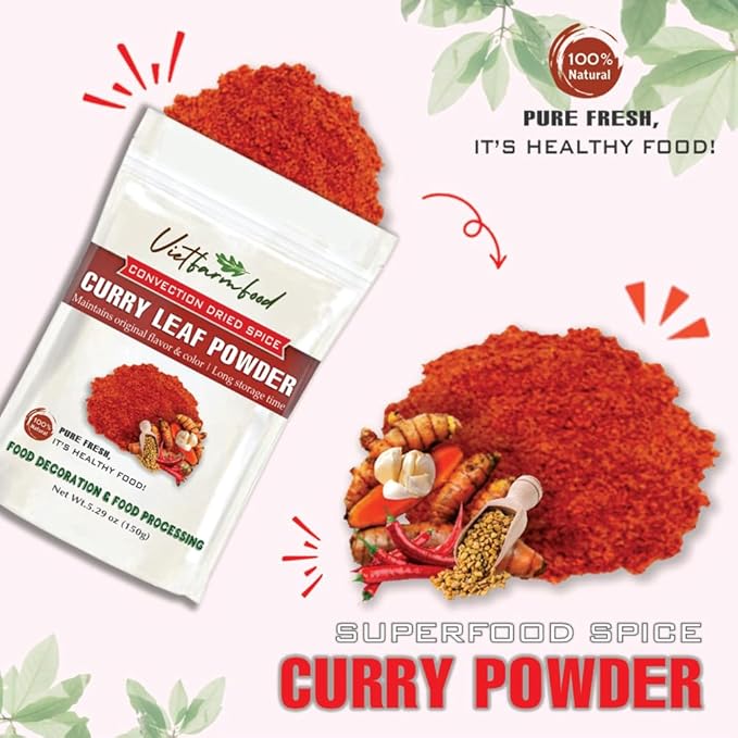CURRY POWDER 5.29 Oz (150g) VIETFARMFOOD: Convection dried spices extract pure natural flavor. Convenient packaging, long-term preservation. Used for cooking, baking, salad, soup, sauce.