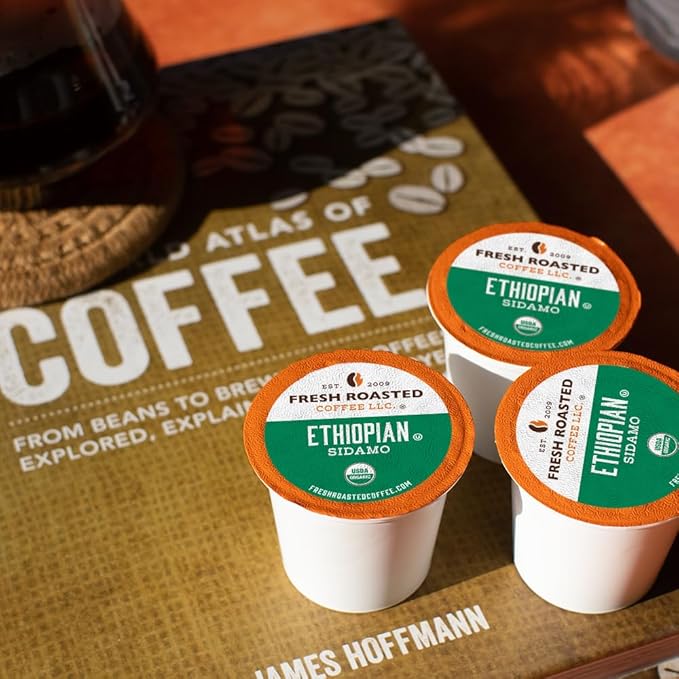 Fresh Roasted Coffee, Organic Ethiopian Sidamo | Fair Trade, USDA Organic, 100% Single Origin, Kosher | Light Roast 24 Pods for K Cup Brewers