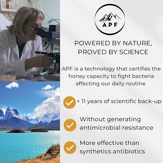 Patagonia Mountain Honey APF 100+ by TERRA ANDES PLUS | Raw natural organic honey. Highest bioactive grade. Made in Chilean Patagonia. 100% pure. NON Gmo. Awarded worldwide. Unfiltered Honey, 17.6 oz
