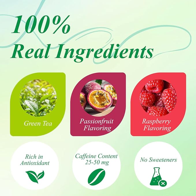 WT WEETEE Passionfruit Raspberry Green Tea, 100 Count Passion Fruit Raspberry Flavored Green Teabags, No Bitter Green Tea Bags, No Add Sweeter