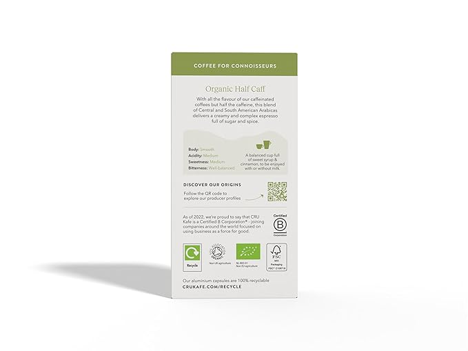 Cru Kafe USDA Organic Half Caff Espresso Coffee Capsules (50 Pods) Fairtrade Coffee Pods Compatible with Nespresso Original Line and Pixie Machines