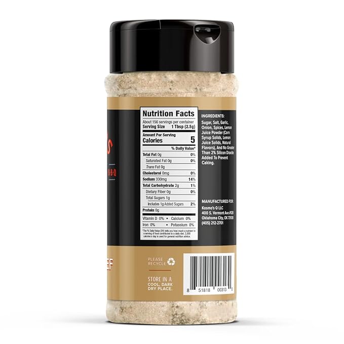 Kosmos Q Texas Beef Dry Rub, Steak Seasoning with Garlic, Onion, Lemon & Savory Spices for Steak, Beef Ribs, Brisket, Burgers, Chuck Roast, Dry Rub for Smoking & Grilling Meat, 13.8 Oz Shaker Bottle