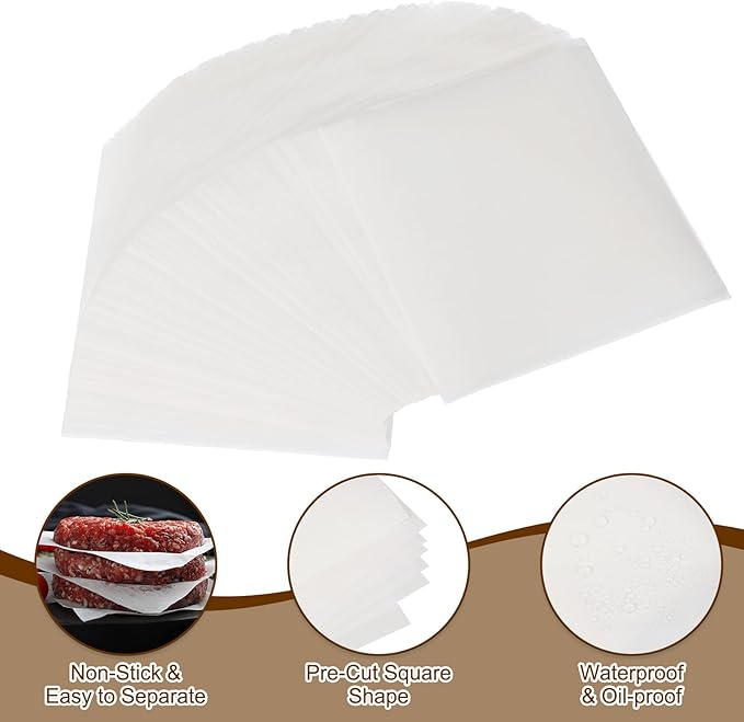 uxcell 500 Pcs Unbleached Parchment Paper Baking Sheets Squares, 5.1 Inch Hamburger Patty Paper, Non Stick Parchment Pulp Paper for Baking Grilling or Meat Storage, White