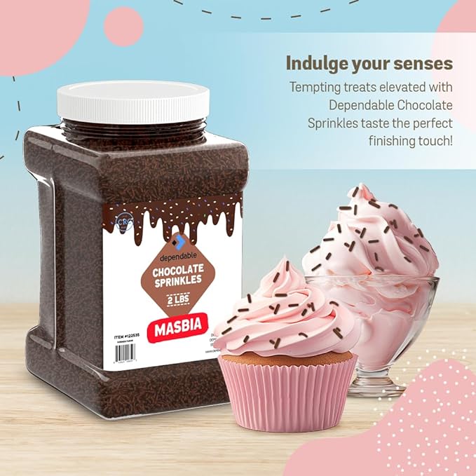 Dependable Food Chocolate Sprinkles - 2 Lb. Bulk Container - Gluten-Free, Kosher, Brown Jimmies for Cake Decorating, Cupcakes & More - Resealable Jar