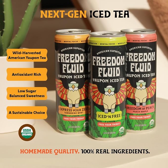 Freedom Fluid Organic Yaupon Iced Tea – Tangerine Mint | Herbal Tea Drink | Lightly Sweetened, Low Sugar, Low Calories, Real Brewed Tea, Clean Ingredients, Antioxidant Rich, Natural Caffeine, 12 Pack (12 oz cans)