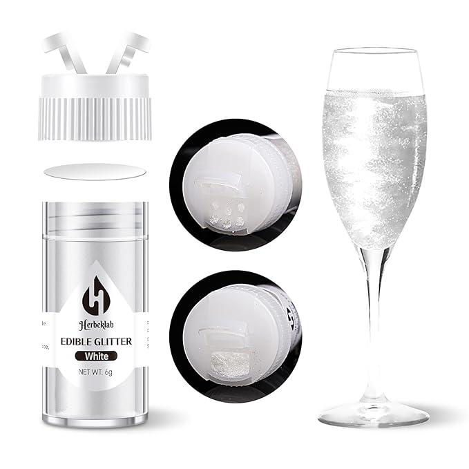 White Edible Glitter ??6g Luster Dust Drink Glitter, Food Grade Shimmer Powder for Cocktails, Cakes, Beverages, Chocolate & Candy