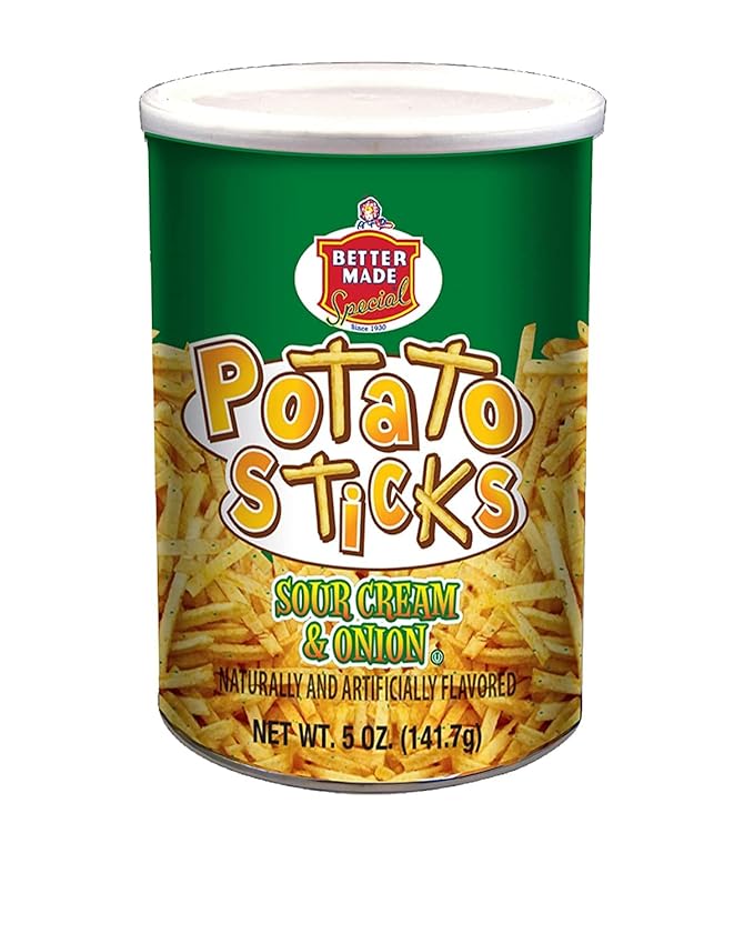 Better Made Potato Sticks 5oz Canister- (Sour Cream & Onion, 12 Can Tray) - Shoestring Potato Sticks - Gluten Free - Crunchy, Crispy Snack from Fresh Potatoes - Resealable Lid