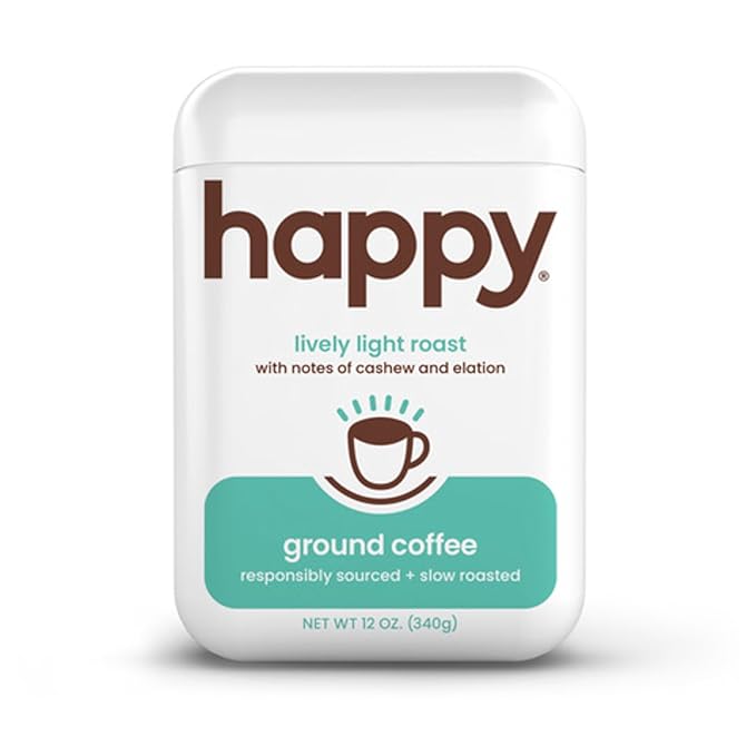 happy coffee light roast ground coffee, 12 oz., notes of cashew & elation, recyclable container, grown & harvested in Colombia, Brazil & Guatemala