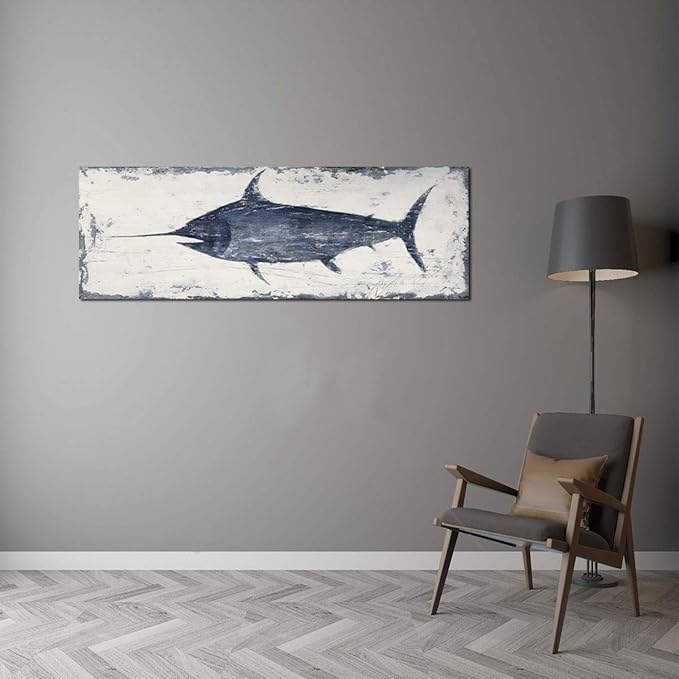 Yihui Arts Nautical Canvas Wall Art Animal Pictures Hand Painted Swordfish Paintings Ancient Ocean Seascape Coatal Artwork for Living Room Decoration