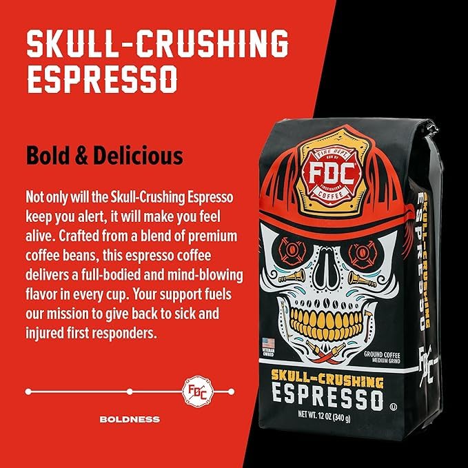 Fire Department Coffee - Gives Back to Firefighters - Skull Crushing Espresso Ground Coffee - Full-Bodied & Bold - Roasted in the USA - Dark Roast Espresso - Veteran Owned (12 oz, Pack of 2)