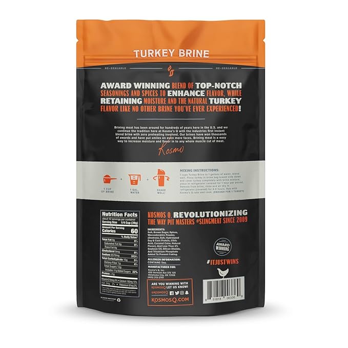 Kosmos Q Turkey Brine Soak, Brown Sugar & Worcestershire Spice Mix for Whole, Smoked, Oven Roasted or Fried Turkey, Locks In Juicy Moisture & Savory Flavor, Easy 1 Cup per Gallon Directions, 16 Oz Bag