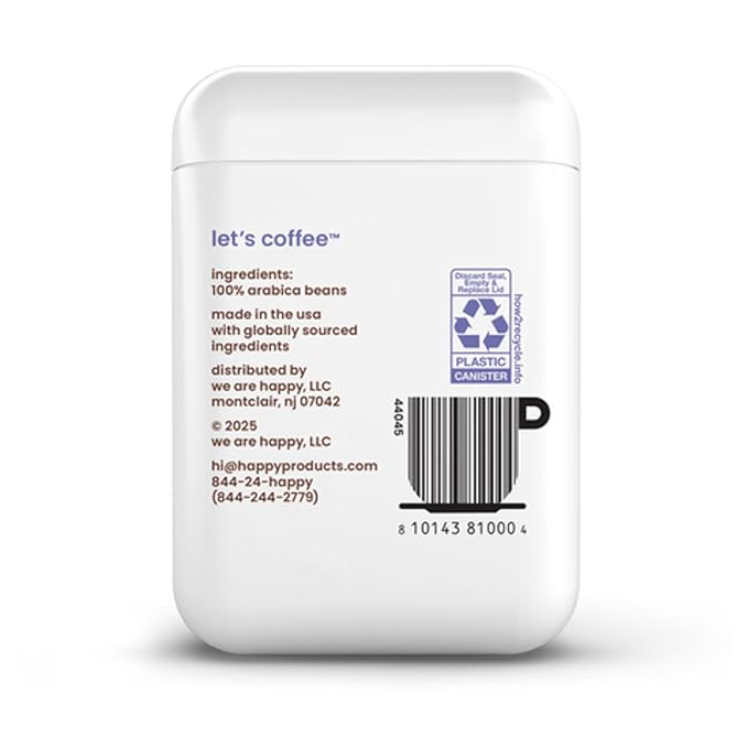 happy coffee dark roast ground coffee, 12 oz., notes of cocoa & cheer, recyclable container, grown & harvested in Brazil, Rwanda & Colombia