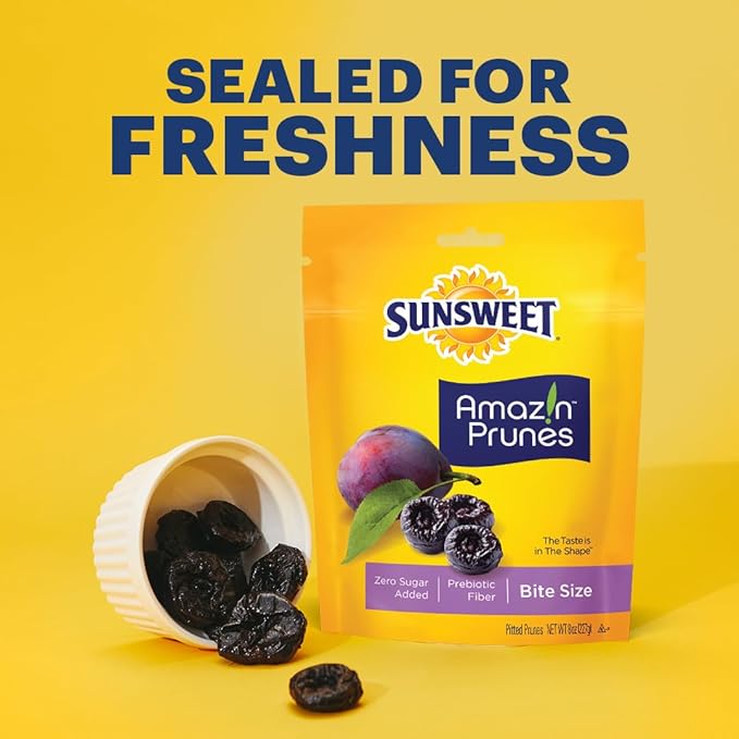 Sunsweet Amazin' Prunes - Bite Size Prunes Pitted Unsweetened & Dried - Gluten Free, Vegan, Low Fat - Fiber & Minerals - 8 oz pouch - 6 Pack