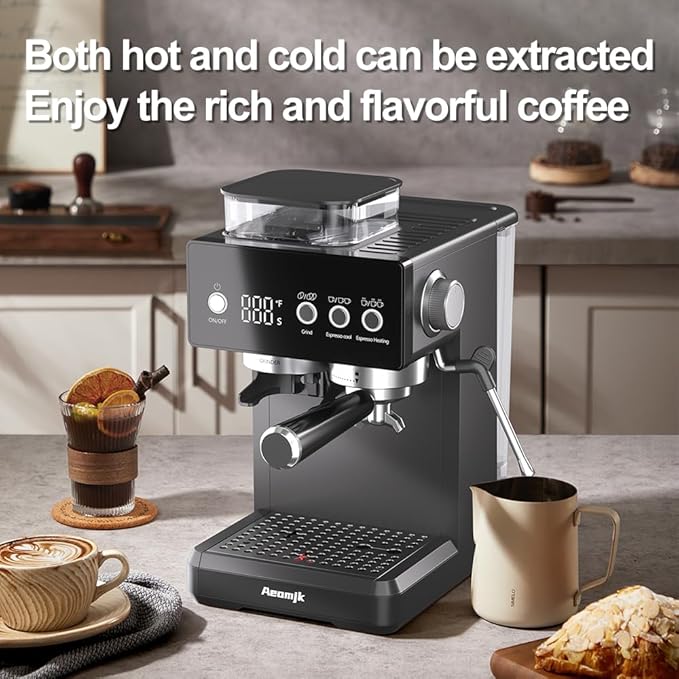 espresso machine,Grinding Semi-Automatic Coffee Machine, Temperature, Time Display, with Steam Wand for Milk Froth, Easy to Operate Espresso Machine, Can Make Espresso, Latte, Cappuccino