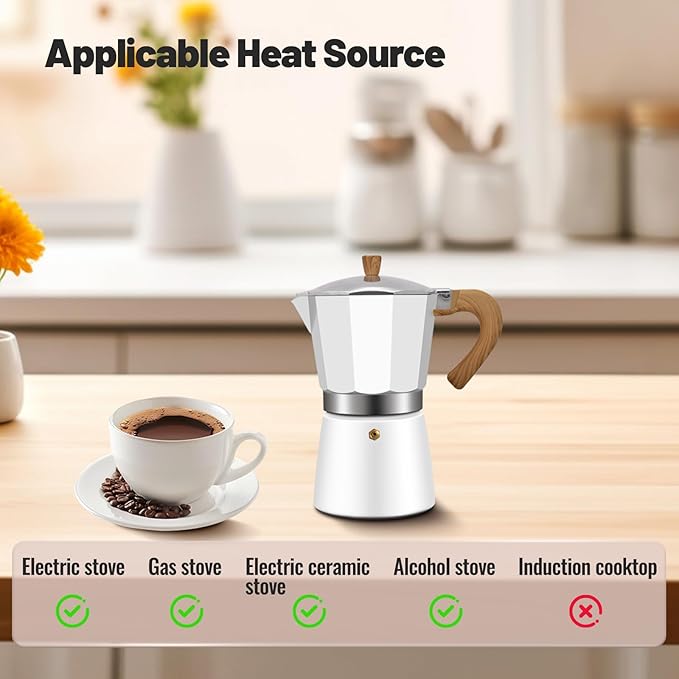 3 Cup Aluminum Moka Pot Classic Stovetop Espresso Coffee Maker 150ml 5oz Coffeemaker Percolator Mocha Express Preferred Cafe Makers for Italian and Cuban Cafì±?Brewing White