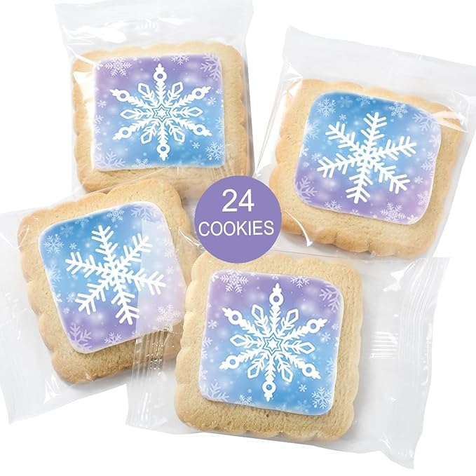 Snowflake Cookies Frozen in Individually Wrapped Snowfake Winter themed Theme Party Favors 24 Pack Bulk for Kids Birthday Party Sugar Cookie Blue White Purple