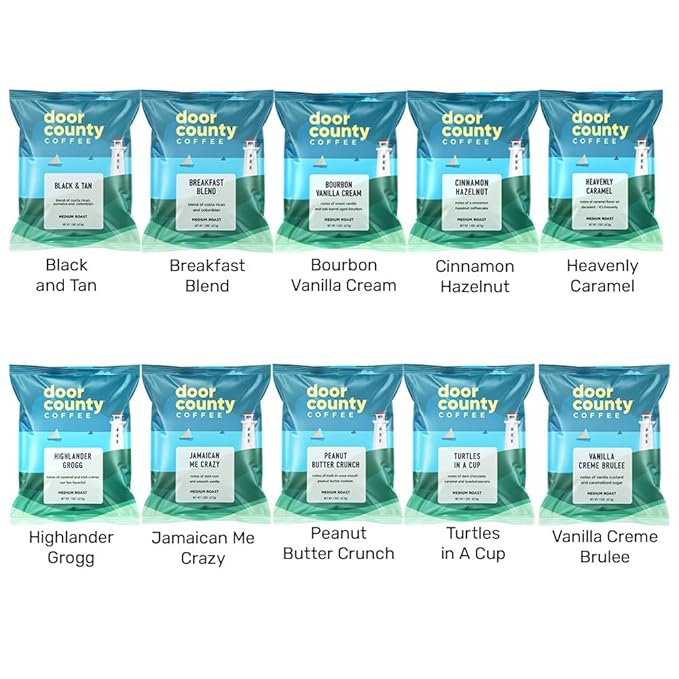 Gourmet Flavored Coffee Sampler Pack - 10 Bags of Unique Flavored Coffees ??100% Specialty Grade 1 Arabica -1.5 oz Full-Pot Bags - Roasted by Door County Coffee