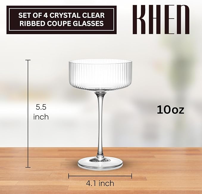Vintage 4 Pcs Ribbed Coupe Glasses, 11 oz 100% Crystal Coupe Glass Set, Unique Martini Glass, Classic Cocktail Glassware, Bar Drinking Glasses Set Pefect for Cocktail, Wine, Champagne, Espresso Gift