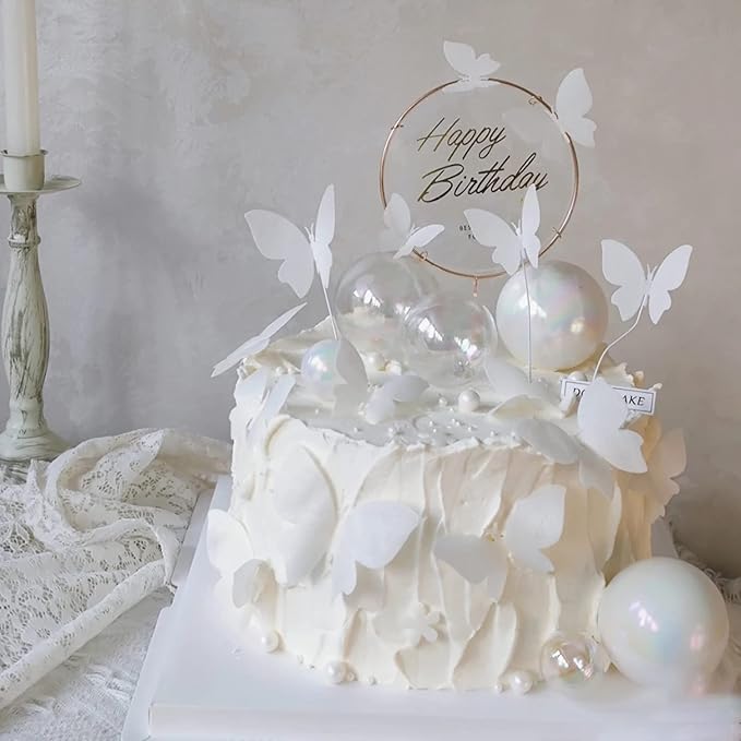 White Butterfly Cake Toppers, 11pcs Butterfly Cupcake Toppers Happy Birthday Metal Gold Cake Topper for Girls Women's Birthday Cake Party Decorations
