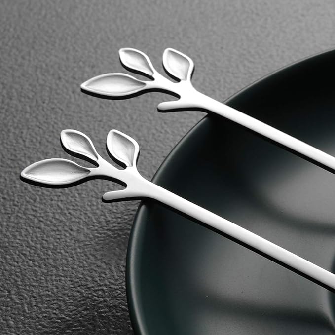AnSaw Elegant Silver Leaf Coffee Spoons - 10-Piece, 4.7" Mini Stainless Steel Espresso & Dessert Tea Spoons, Perfect for Demitasse & Small Servings