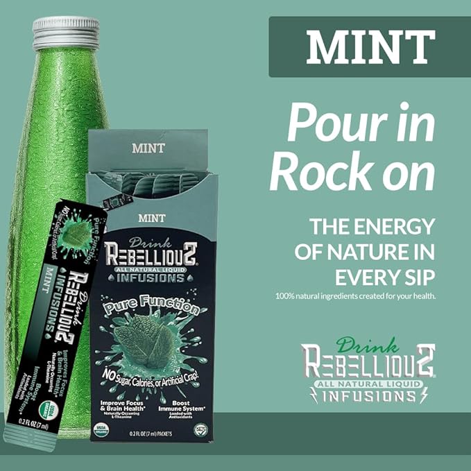 Rebellious Mint Organic Drink Mix ??Organic Zero Calorie Energy Drink Mix | Monk Fruit & Green Tea Extract | L-Theanine + Natural Caffeine | 100% Plant-Based | Pack of 10 | Keto, Kosher, Gluten-Free