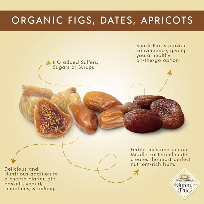 Sunny Fruit Organic Dried Fruit Assortment - Dates, Figs & Apricots Variety, 3 Bags (15 Individual Portion Packs) | No Preservatives, No Sugar Added | ORGANIC, NON-GMO, VEGAN, HALAL, KOSHER