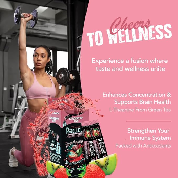 Rebellious Strawberry Kiwi Organic Drink Mix ??Organic 0 Calorie Energy Drink Mix | Monk Fruit & Green Tea Extract | L-Theanine + Natural Caffeine | 100% Plant-Based | 10 Packs | Keto, Gluten-Free