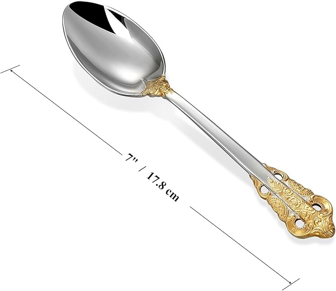 KEAWELL Luxury 7" Tea Spoon, Set of 4, 18/10 Stainless Steel, Sturdy Dessert Spoon, Gorgeous Design with Exceptional Mirror Polished Finish (Gold Accent)