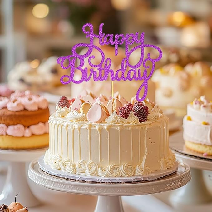 1 PCS Happy Birthday Cake Topper Glitter Purple Anniversary Cake Picks Happy Birthday Cake Decorations for Baby Shower Celebrating Birthday Party Decorations Supplies
