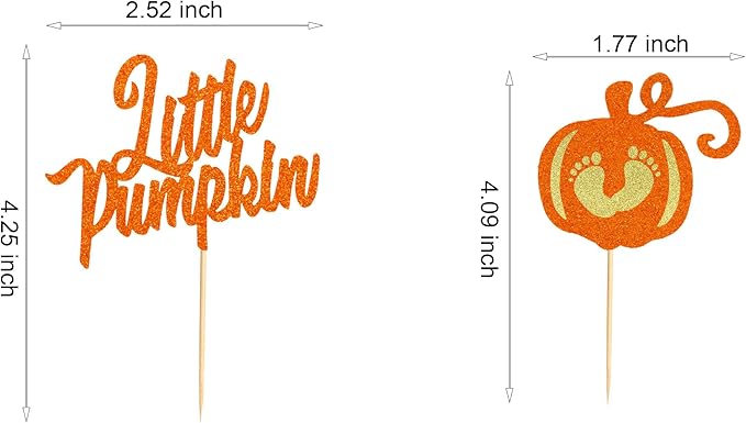 24Pcs Little Pumpkin Cupcake Toppers - Baby Shower Cake Decorations - Baby Feet Pumpkin Cupcake Picks for Thanksgiving Halloween Kids Birthday Party Decorations - Orange Glitter