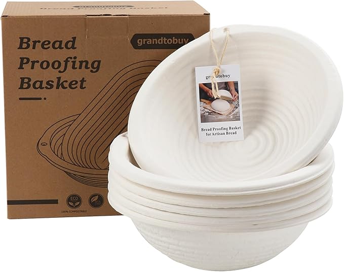 6x 10inch Round Pulp Sourdough Banneton Bread Proofing Basket Brotform Baking Supply with 30pcs Disposable Non-Woven Liners and Storage Bag for Professional and Homemade Bread