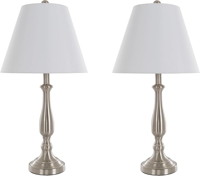 Brushed Steel Table Lamps - Set of 2 Traditional Accent Lights with LED Bulbs - Home Décor for Bedroom, Living Room, Office, or Entry by Lavish Home