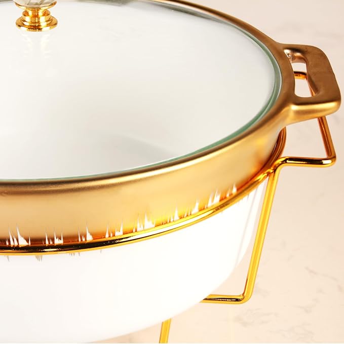 Ceramic Casserole Dish with rack and Glass Lid, 2.2 Qt Round Serving Soup Tureen with Handle, Serving Tureen for Restaurant Home Kitchen Decoration, Perfect for Entertainment, Party, gift