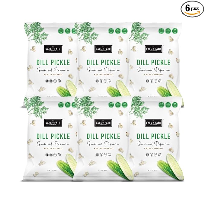 Safe + Fair Plant Based Gourmet Dill Pickle Seasoned Popcorn - Dill Pickle Seasoned Popcorn Non-GMO + Gluten Free + Vegan + Kosher Snacks (3 oz bag - 6 pack case)