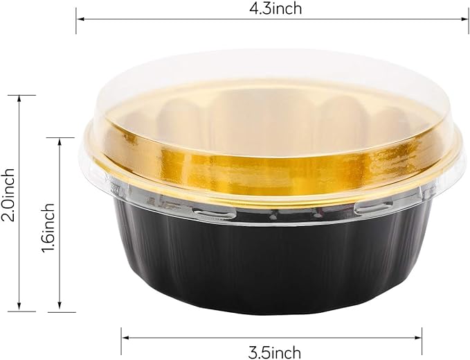 Beasea Disposable Ramekins with Lids, 8 oz 50 Pack Black Gold Aluminum Foil Cups, Disposable Creme Brulee Muffin Cupcake Baking Cup Mini Pudding Cups for Party Wedding Birthday