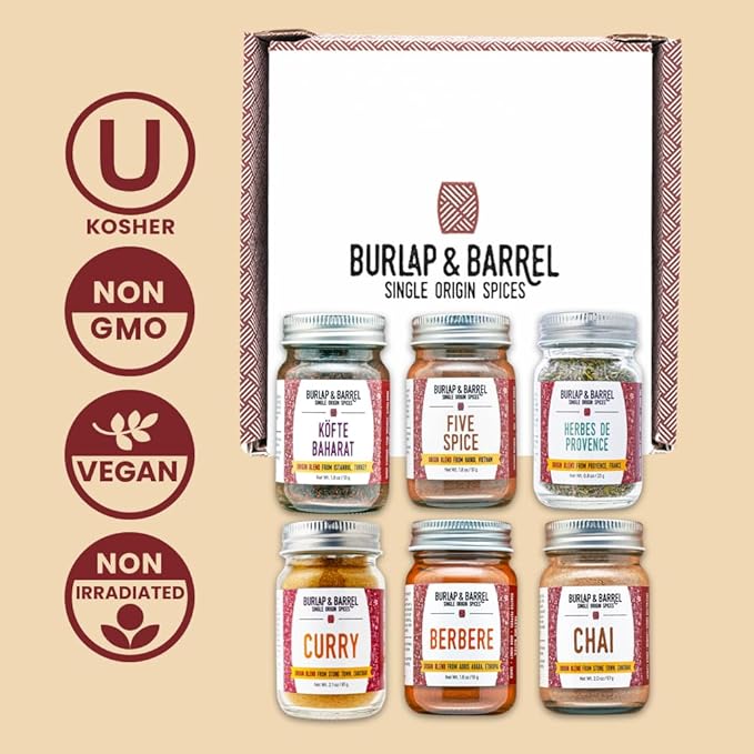 Burlap & Barrel Spices of the World 6-Pack Gift Set- As Seen on Shark Tank! Travel the World With 6 Delicious Spice Blends- Includes Chai, Five Spice & More - 6 Full Size Jars