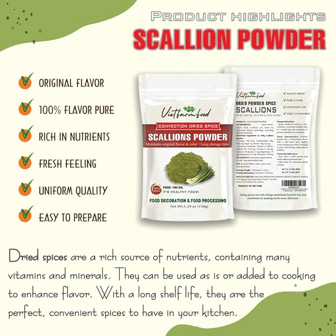 SCALLION POWDER 5.29 Oz (150g) VIETFARMFOOD: Pure, natural freeze-dried spice made from real vegetables and fruits - perfect for enhancing every meal, from cooking, baking, salads, soups, sauces