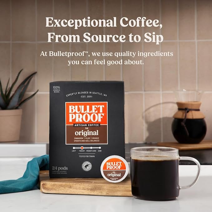 Bulletproof Original Medium-Roast Single-Serve Coffee Pods, 24 Count, 100% Arabica Beans, Clean Coffee Tested for Toxins, Packaging May Vary