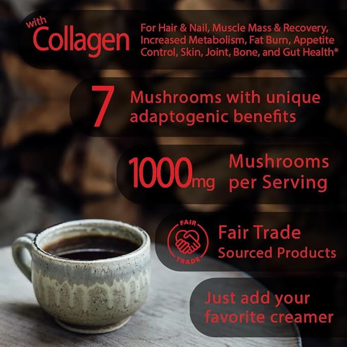 Energy Boost Mushroom Instant Coffee - 135g, 15 Servings Pouch - Healthy Coffee Alternative and Substitute - with Dynamine, Collagen, Lions Mane and Antioxidants
