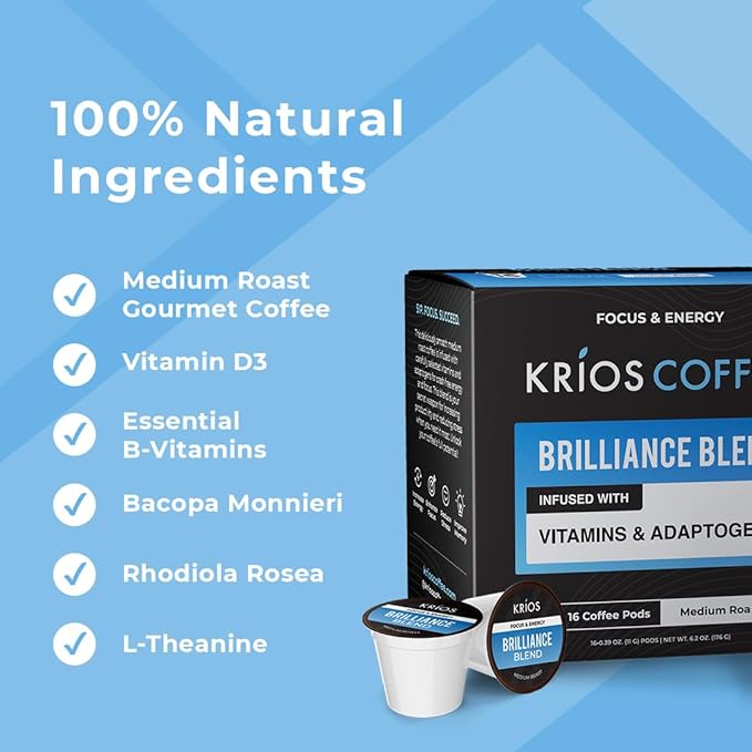 Krios Coffee Brilliance Coffee Pods, Enhance Energy & Focus with Essential Vitamins, L-Theanine, Bacopa Monnieri & Rhodiola Rosea, Medium Roast, Smooth, 16 Ct