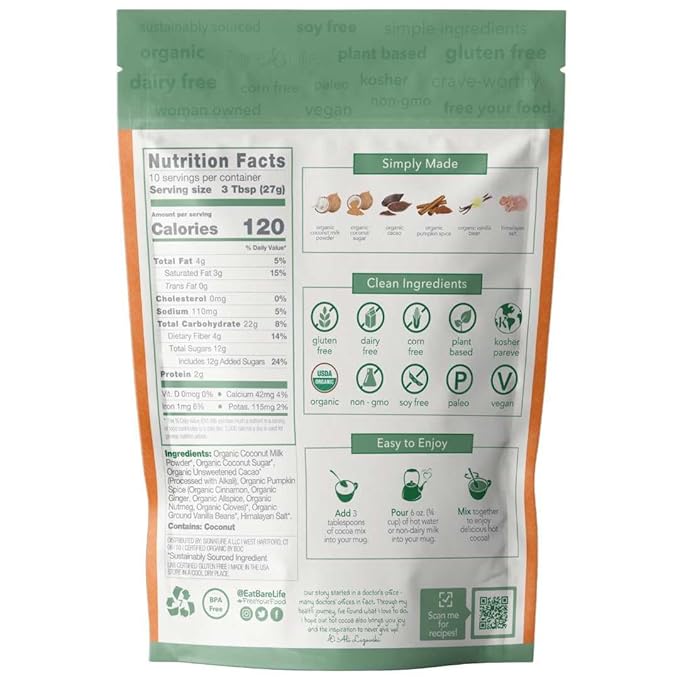 Bare Life: Instant Dairy Free Pumpkin Spice Hot Cocoa Mix - 10 Serving Pouch | Gluten Free, Vegan, Organic, Plant Based, Paleo, Soy Free, Corn Free, Lactose Free, Refined Sugar Free, Hot Chocolate, 9.52 oz.