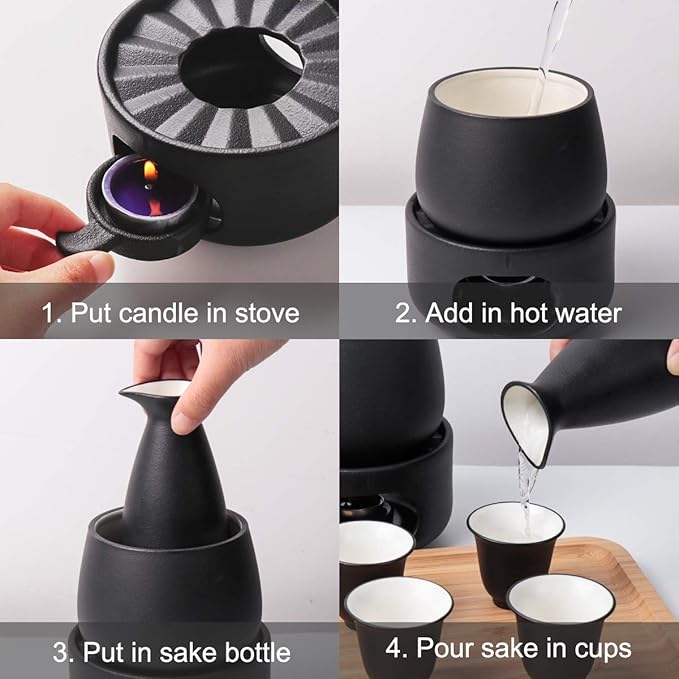 Bgbg Ceramic Sake Set with Warmer Pot Bamboo Tray-Traditional Japanese Pottery Hot Saki Set 11-Piece including 1 Sake Pot,6 Sake Cupsï¼? Warming Mugï¼? Candle Stove, 1 Candle Tea Light Holder and 1 Tray