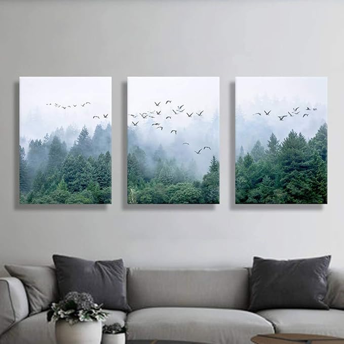 Canvas art Green forest art Nordic home Decoration Forest landscape Natural art Canvas print poster Bedroom bathroom mural 30cmx40cm x3 panel Frame canvas Wall art for modern living room Decoration