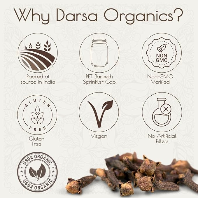 Darsa Organics Cloves Powder 3.5 oz - USDA Organic Ground Cloves from India, Aromatic, Non-GMO, Kosher Certified, Gluten-Free, Organic Powder for Cooking, Spice Blends, Teas, Curries & Pickles