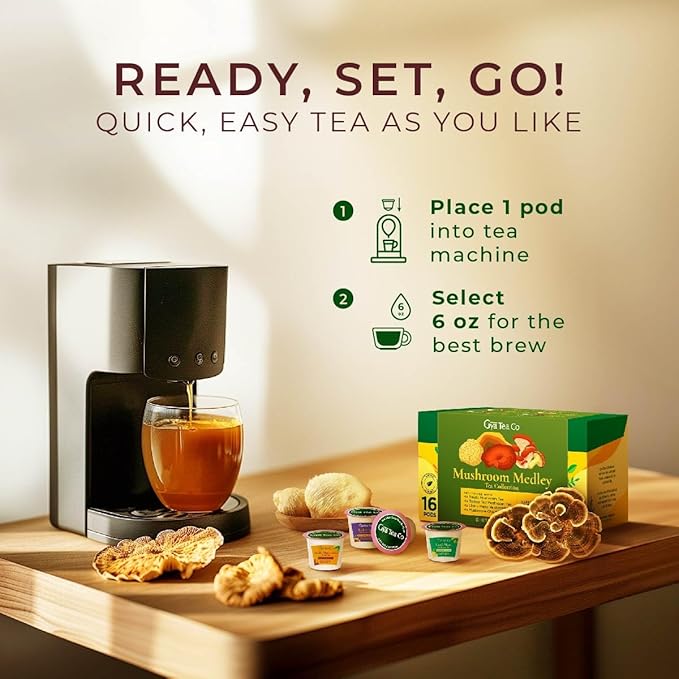 Gya Tea Co Mushroom Medley Collection Tea Gift Set (16 ct) - Tea Pod Assorted Variety Pack with Reishi, Lion's Mane, Turkey Tail, Chai for Nourish & Wellness