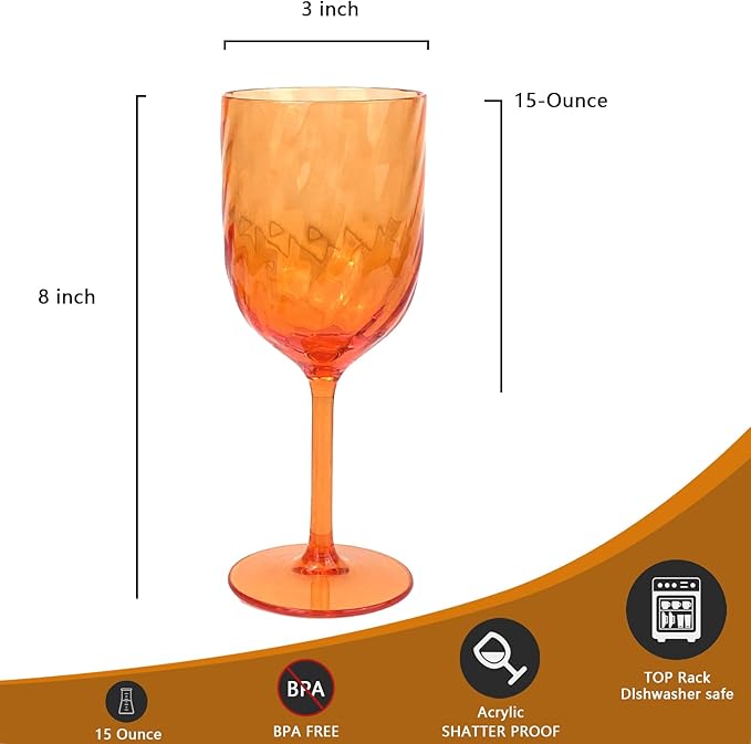 Yalin Set of 6 Unbreakable 15 oz Acrylic Plastic Wine and Water Tumbler Stackable Goblets. (Orange, 15 oz)