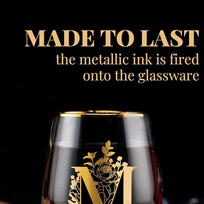 Onebttl Unique Stemless Wine Glasses, Initial Wine Cup for Red or White Wine - 18oz, Monogrammed, Gold - for Women, Girls, Female, Her, Friends, Coworkers, Clients - for Birthday, Christmas