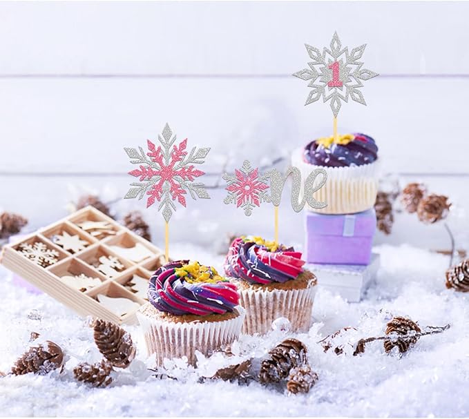 24PCS Glitter Snowflake 1st Birthday Cupcake Toppers, Frozen Snowflake One Cake Topper for Winter 1st Birthday Decorations, Snowflake Baby Shower Decorations (1st pink)