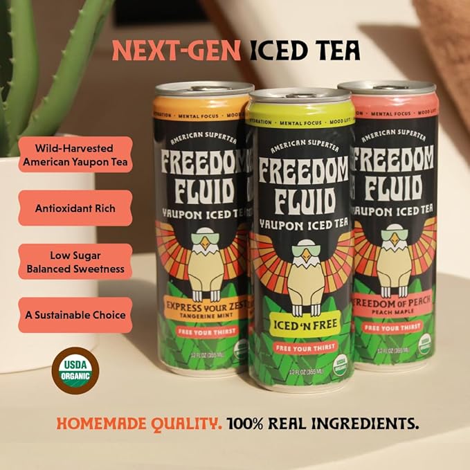 Freedom Fluid Organic Yaupon Iced Tea – Refreshing Peach | Herbal Tea Drink | Lightly Sweetened, Low Sugar, Low Calories, Real Brewed Tea, Clean Ingredients, Antioxidant Rich, Natural Caffeine, 12 Pack (12 oz cans)